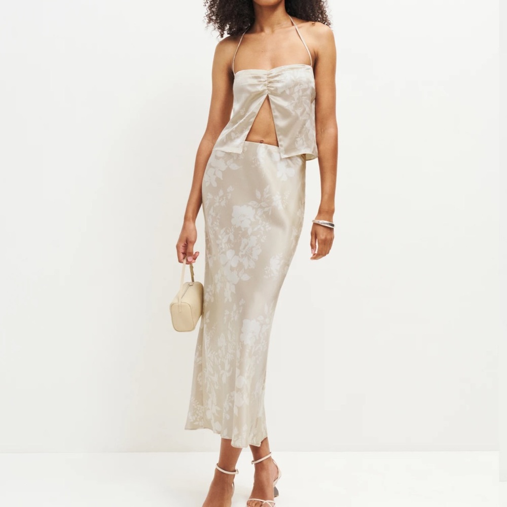 Reformation Beige Floral Satin Midi Dress